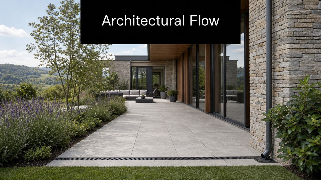 A modern outdoor stone terrace with drainage grates integrated into the patio flooring next to a house.