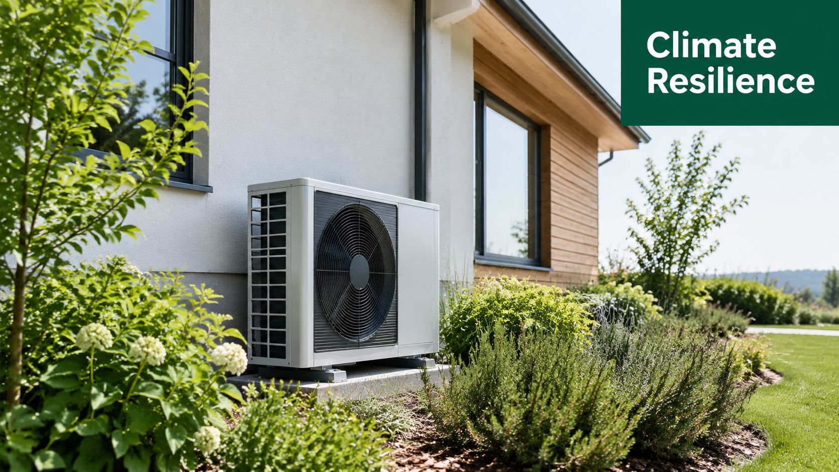 A modern heat pump unit installed in the garden next to a house with white walls.