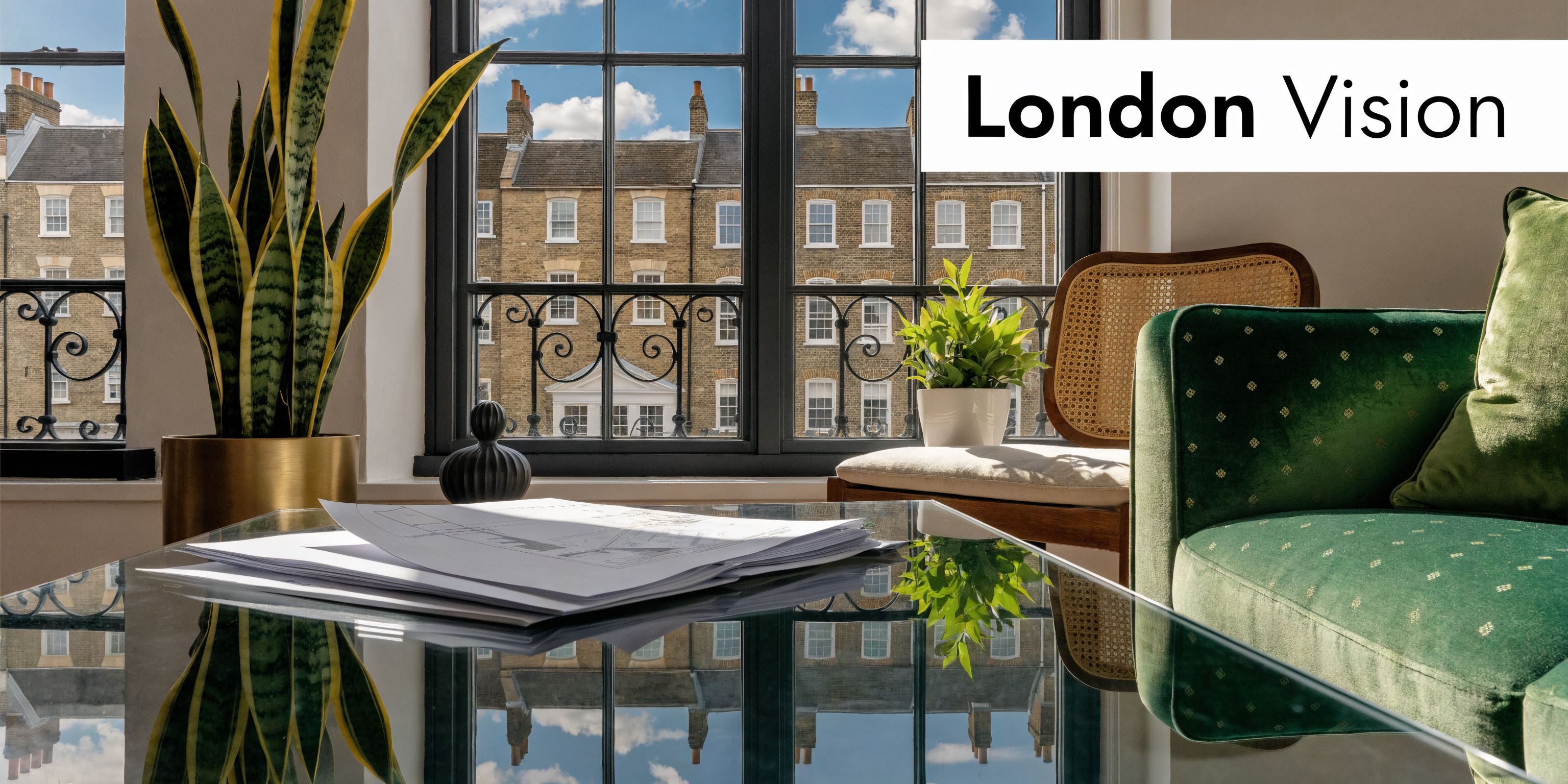 A luxurious interior room featuring a green velvet sofa and view of classic London brick townhouses.