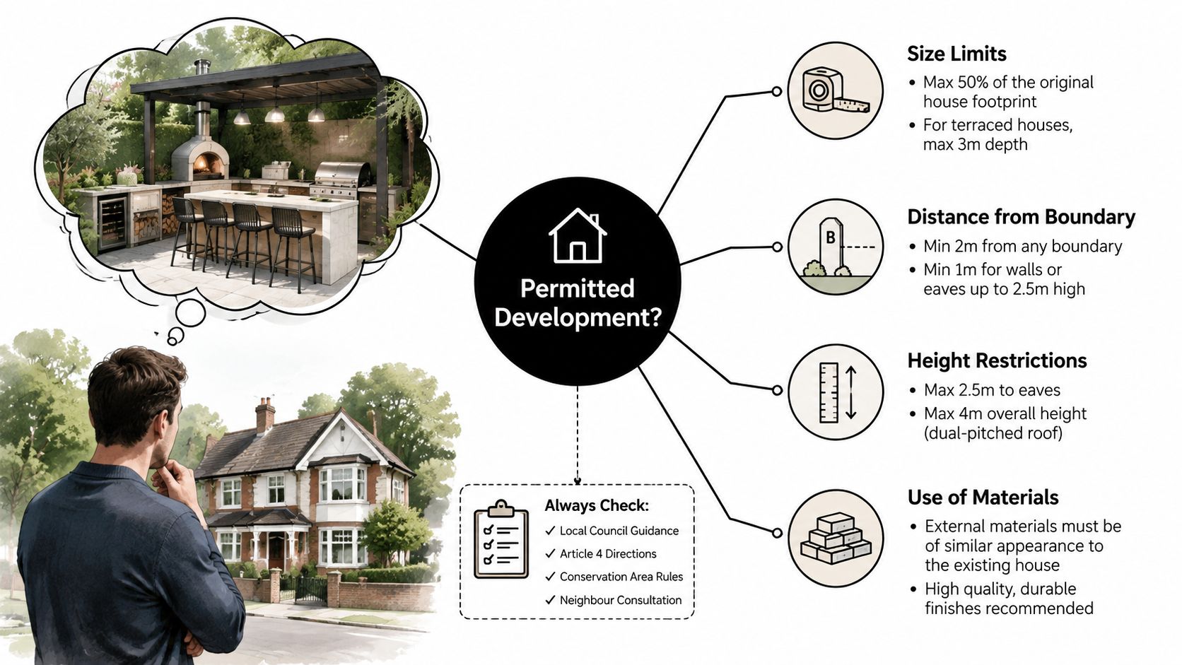 An illustration showing planning permission considerations for building an outdoor kitchen in a home garden.