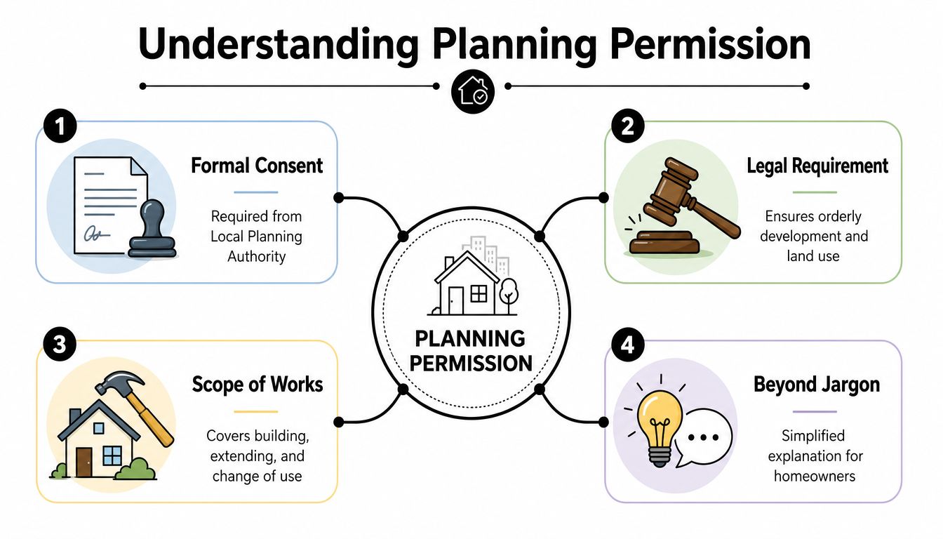 A diagram explaining planning permission with four key points including formal consent, legal requirements, and scope of works.