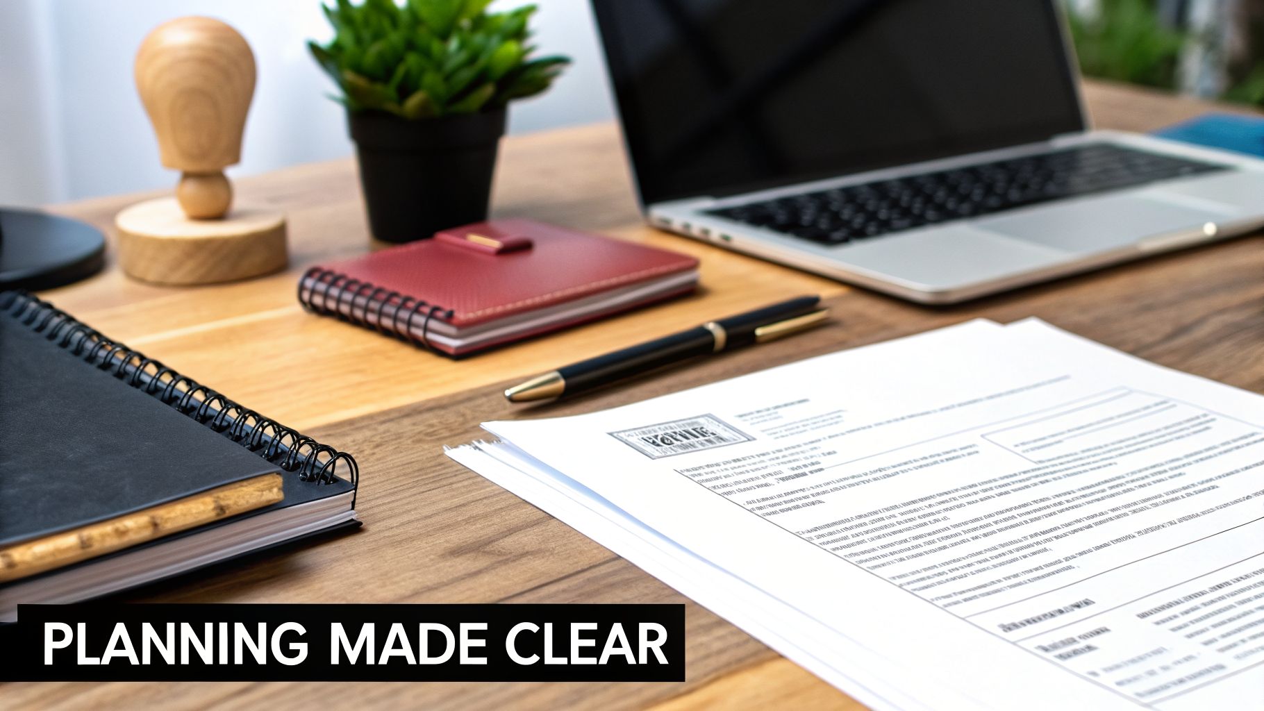 A tidy desk with notebooks, a laptop, documents, and a pen, featuring 'PLANNING MADE CLEAR' text overlay.