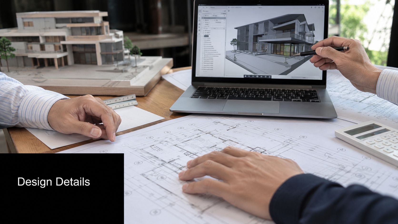 Architects and designers collaborating on an architectural design project using blueprints, a laptop, and a house model.