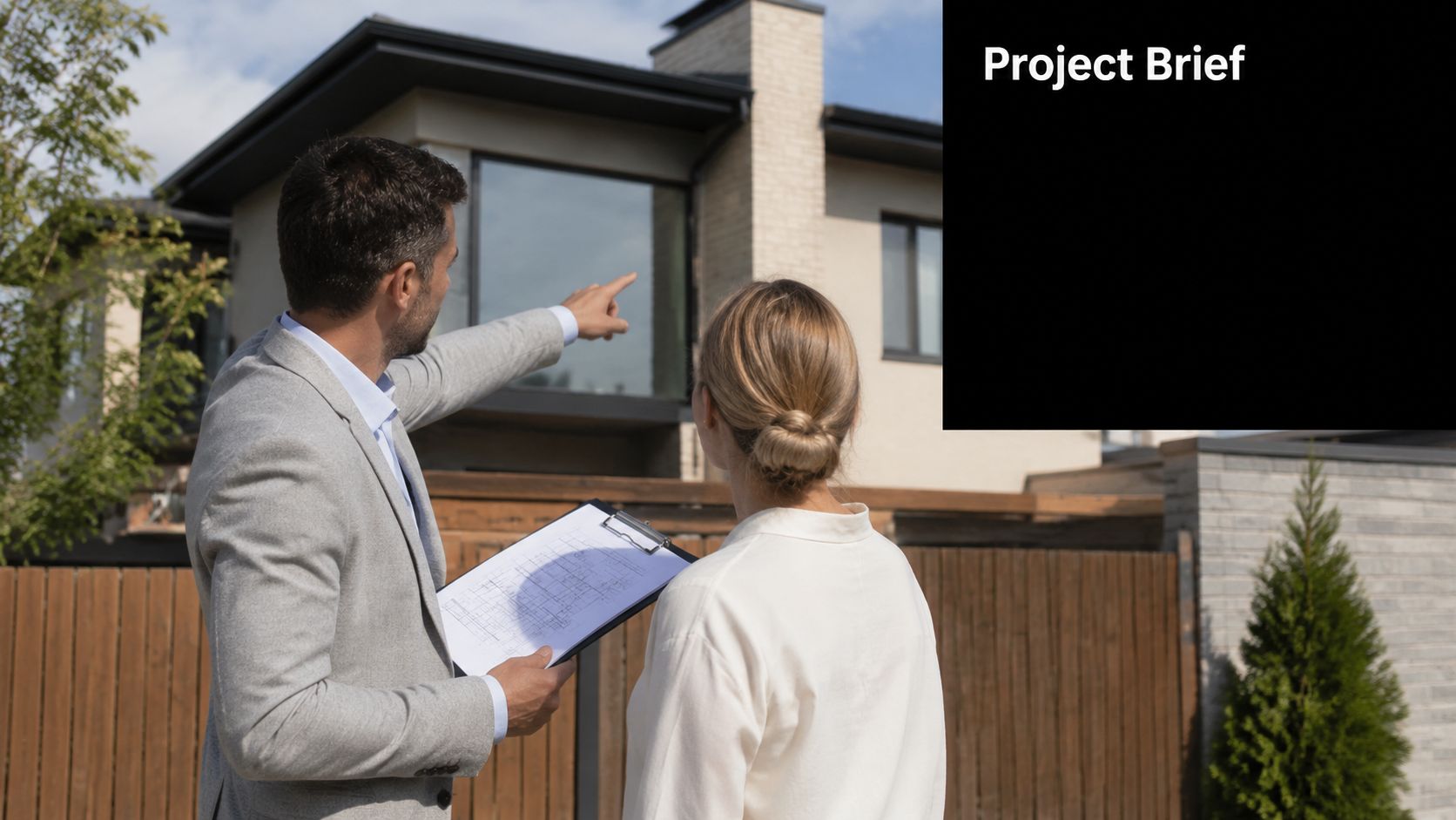 A professional architect pointing towards a modern house while reviewing blueprints with a female client outdoors.