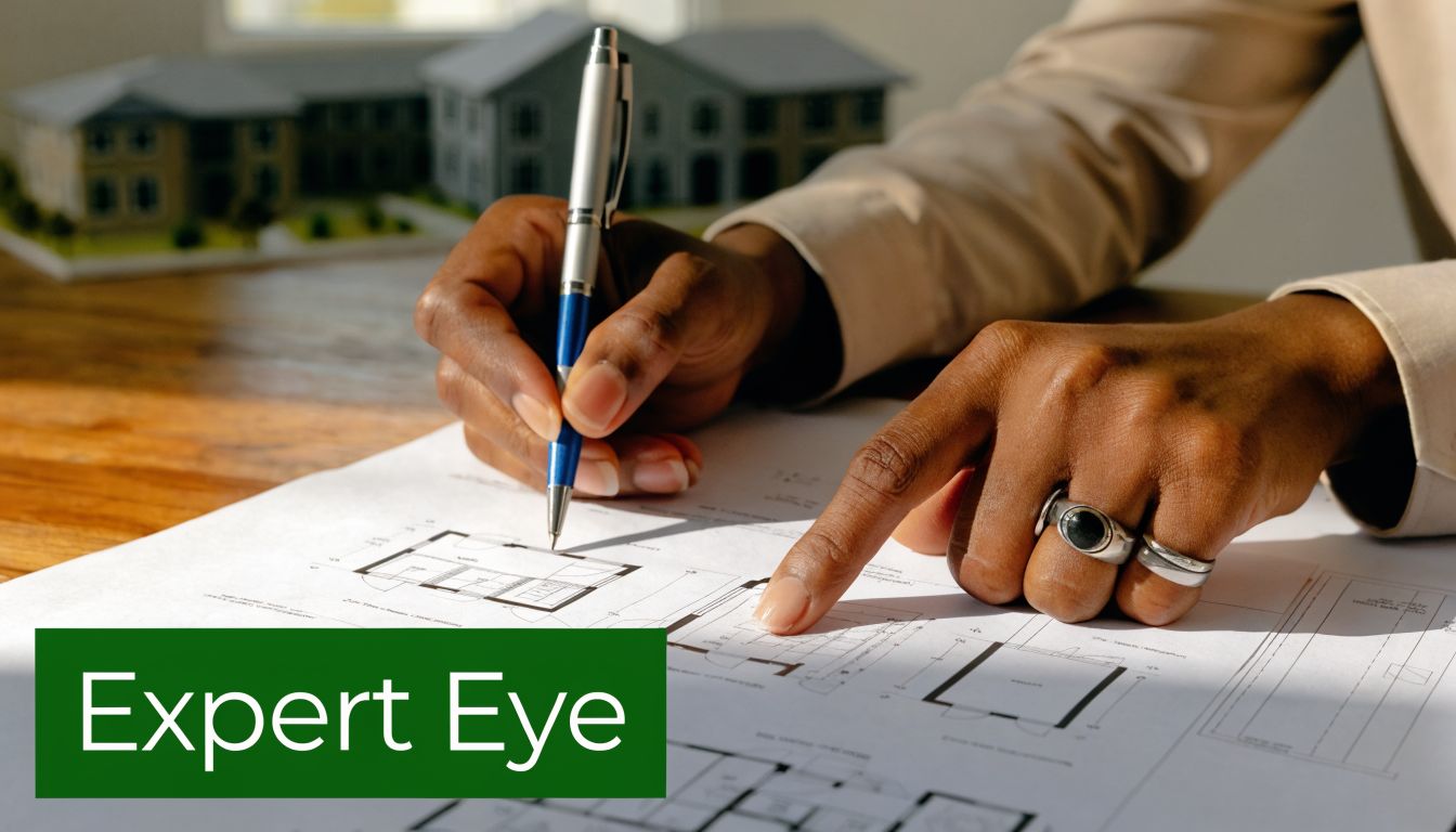 Close-up of an architect reviewing detailed building floor plan blueprints with a pen and model house.