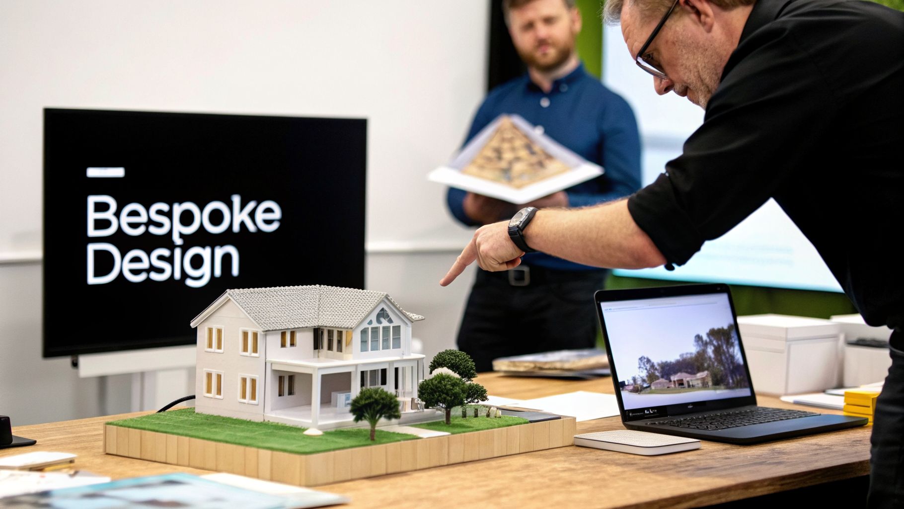 Architects discuss a bespoke house model with a laptop and 'Bespoke Design' screen.