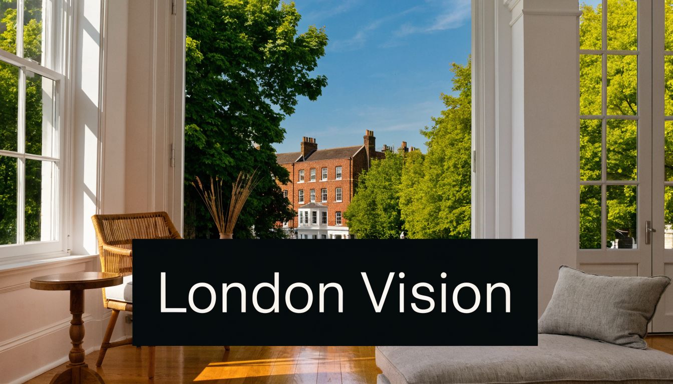 A serene room with a wicker chair and chaise lounge overlooking a lush green London street.