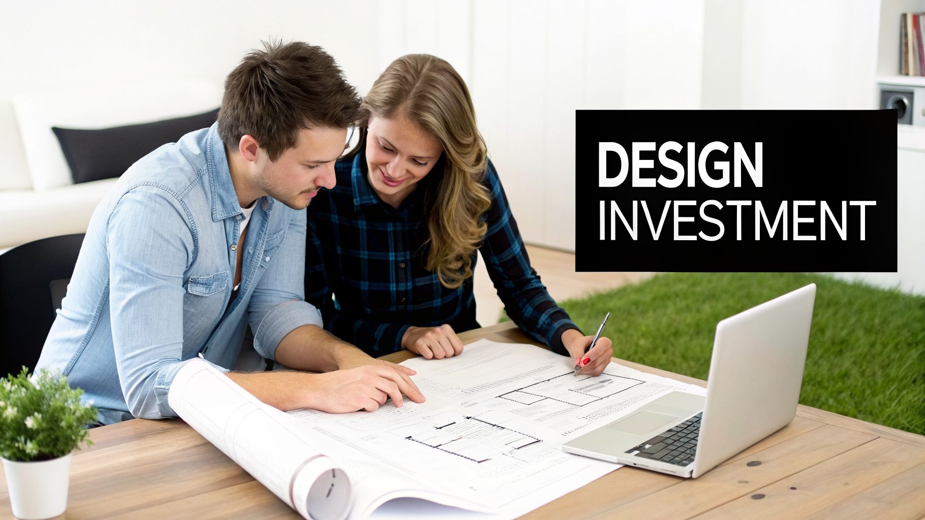 A young couple sits at a wooden table, reviewing architectural building plans for home design.