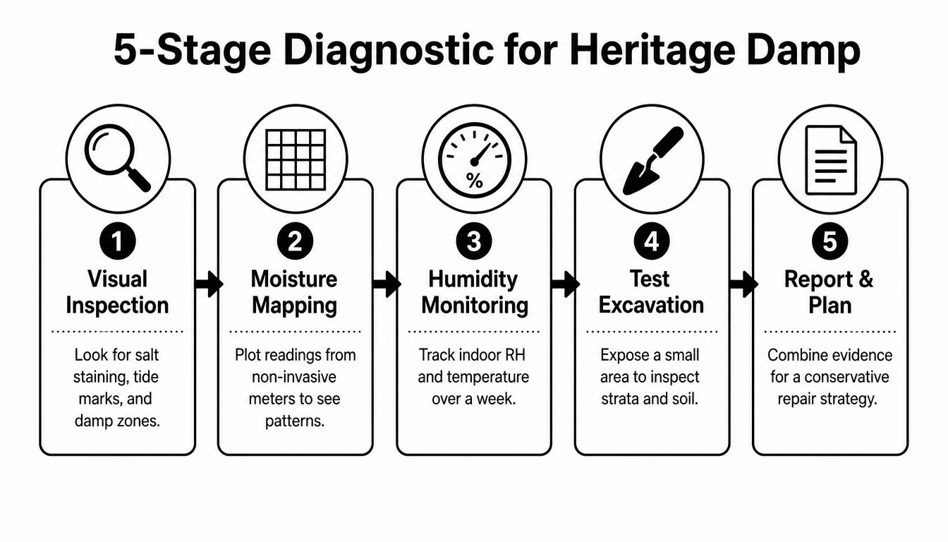 A five-stage diagnostic process for identifying and analyzing damp problems in heritage and old buildings.