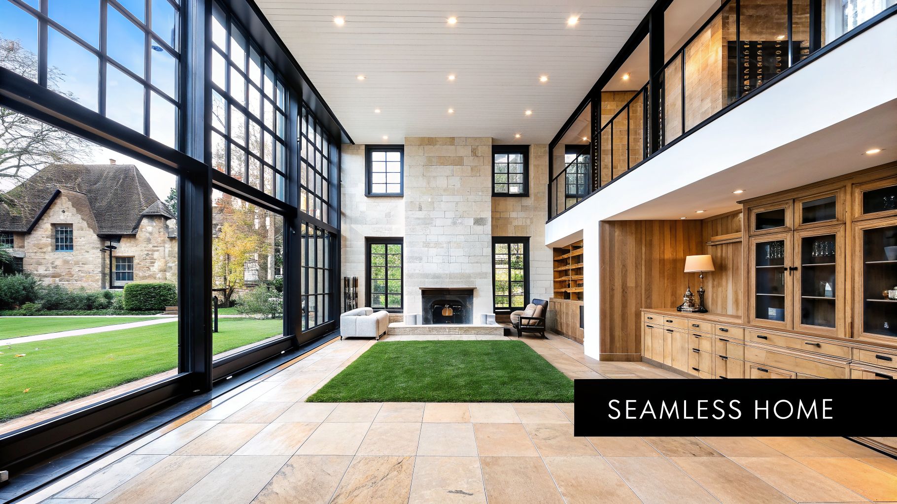 A grand modern interior with a stone fireplace, large windows, and an outdoor view.