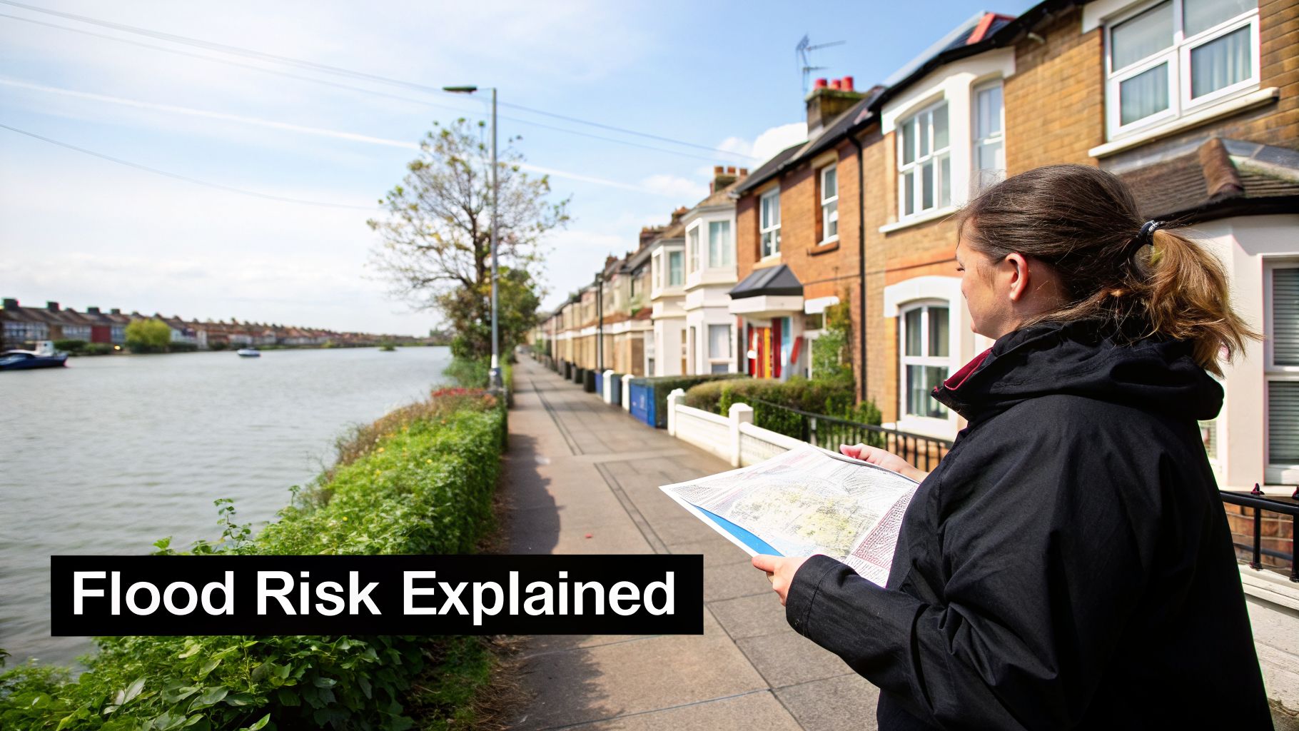 A woman examines a map on a path next to a river with residential houses, discussing flood risk.