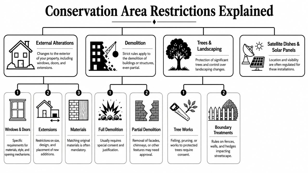 An infographic detailing common restrictions and planning regulations for properties located within designated conservation areas.