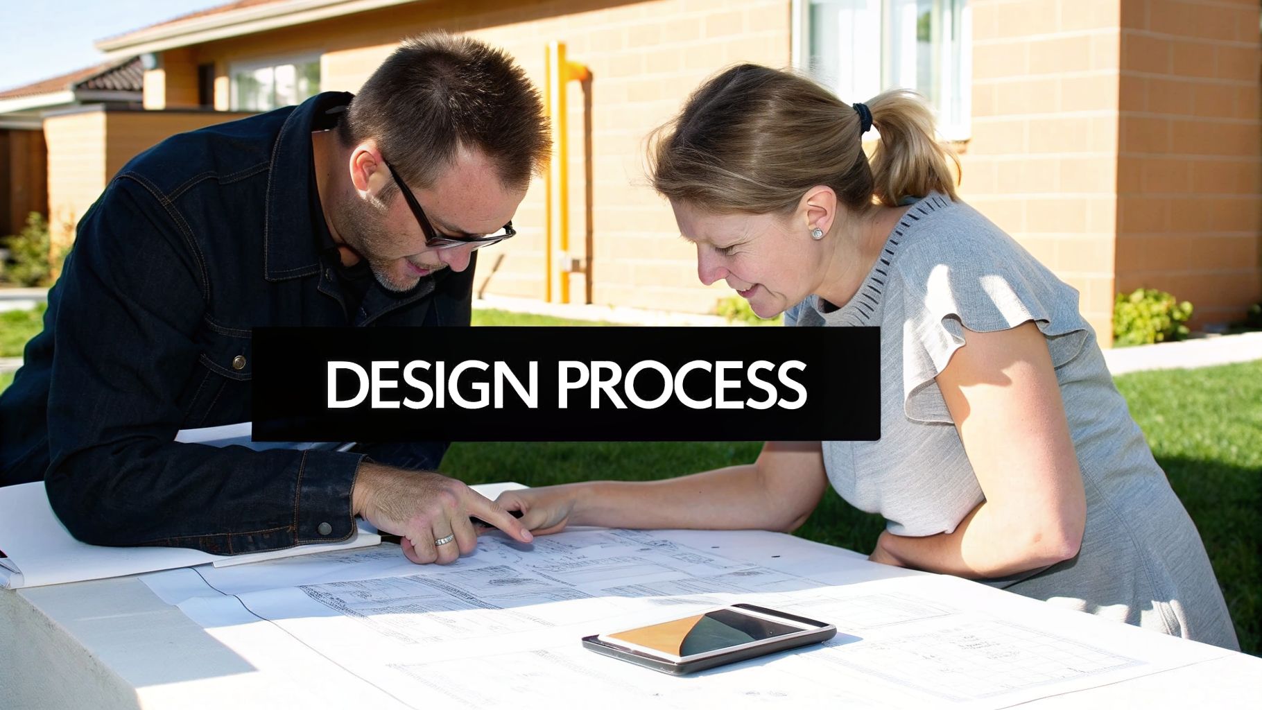 Two architects review blueprints and architectural drawings outdoors, discussing a design process.