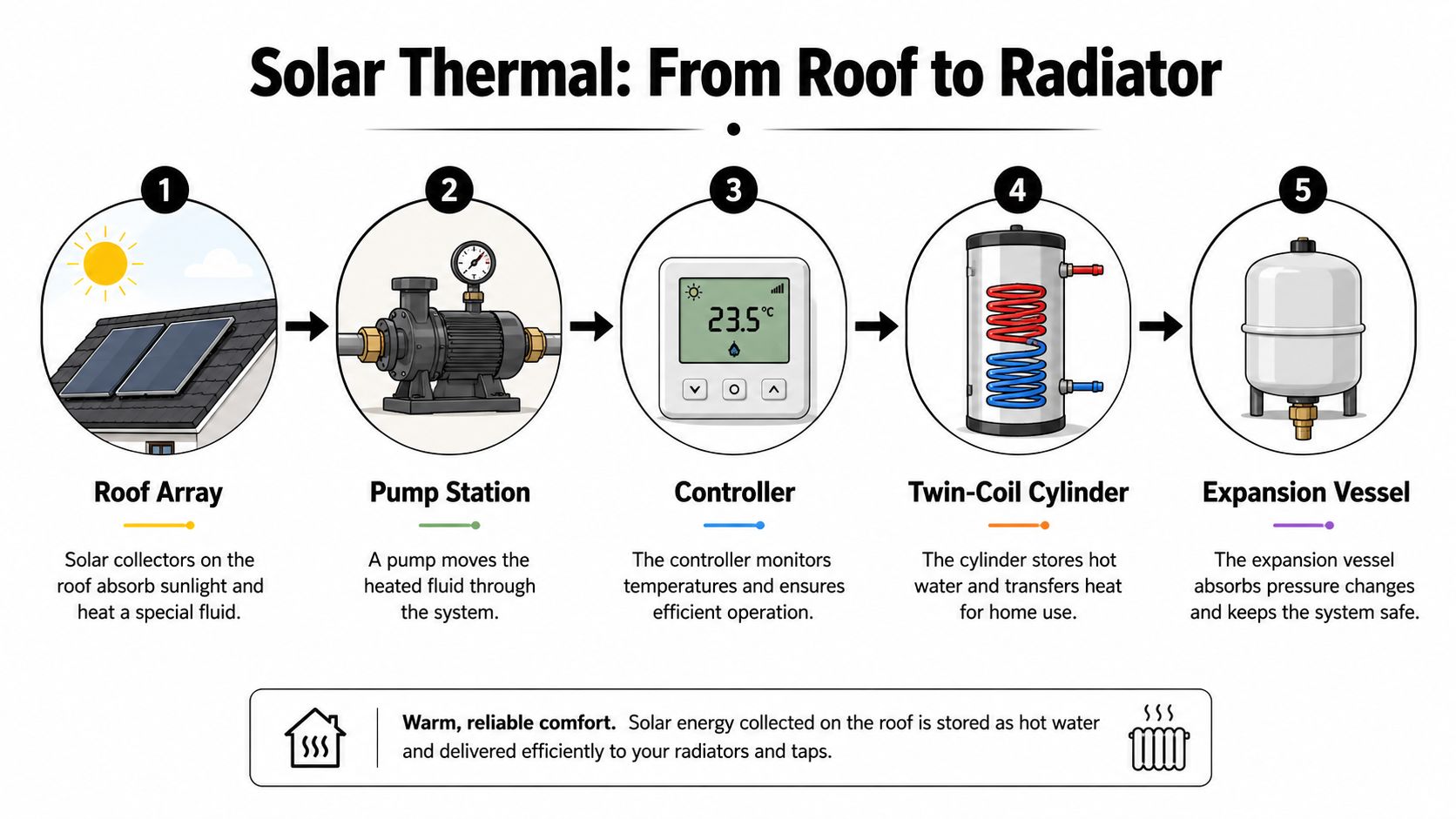 A diagram illustrating the five stages of a solar thermal system process from roof to radiator.