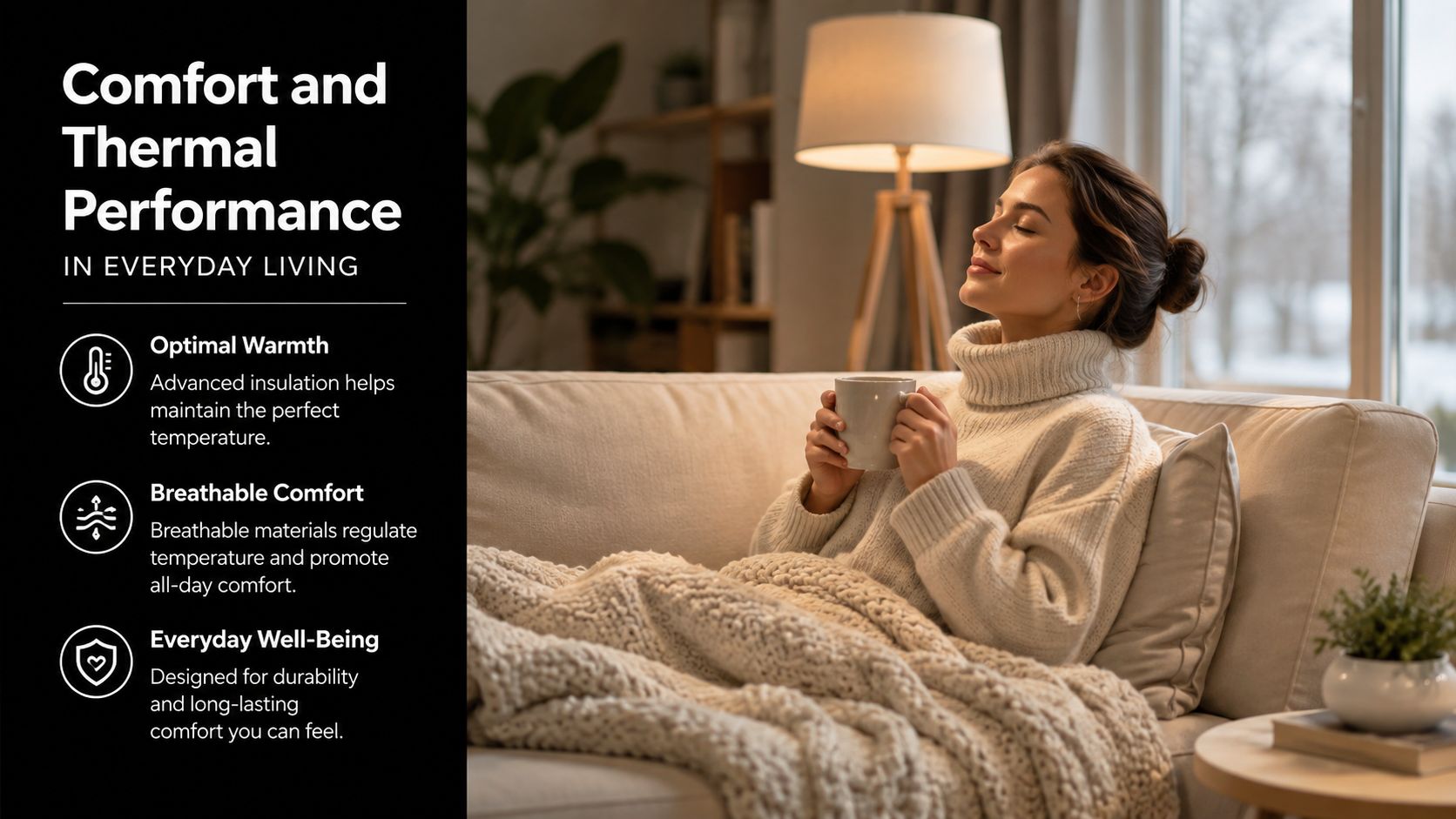 A cozy woman wrapped in a thick blanket on a sofa, highlighting comfort and underfloor heating benefits.