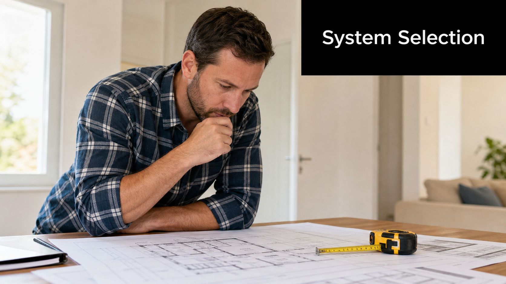 A man in a plaid shirt looking thoughtfully at architectural blueprints with a tape measure on the table.