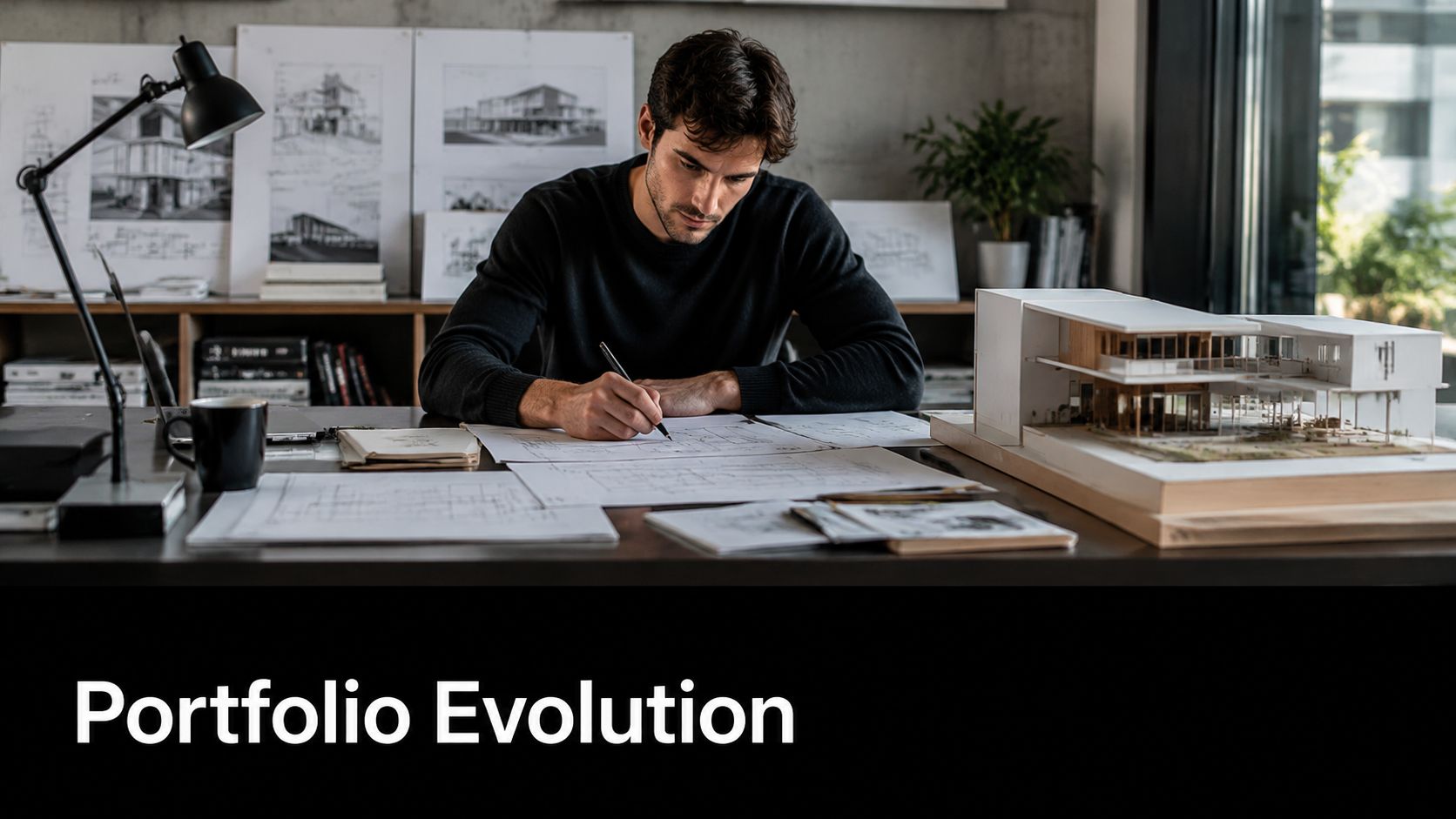 A focused male architect sitting at a desk drafting designs with blueprints and an architectural model.