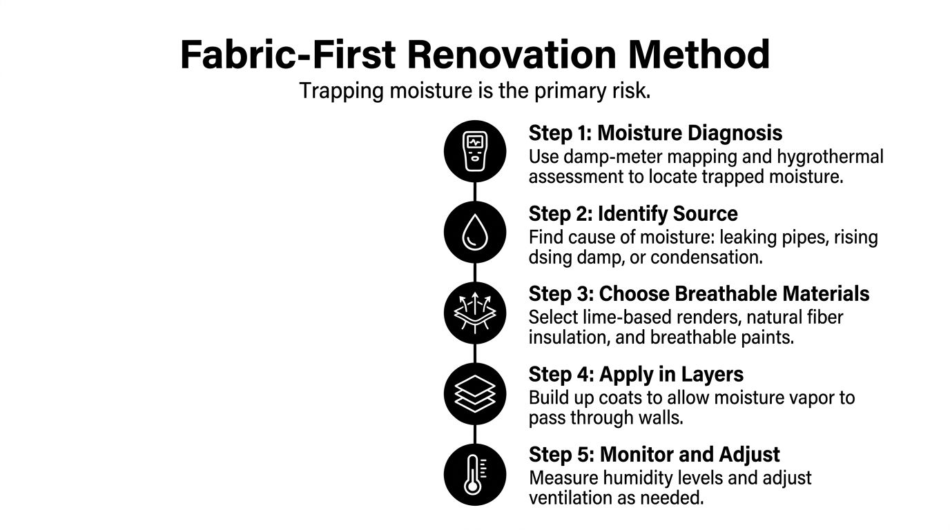 A diagram outlining a five-step fabric-first renovation method to manage and prevent moisture in building materials.