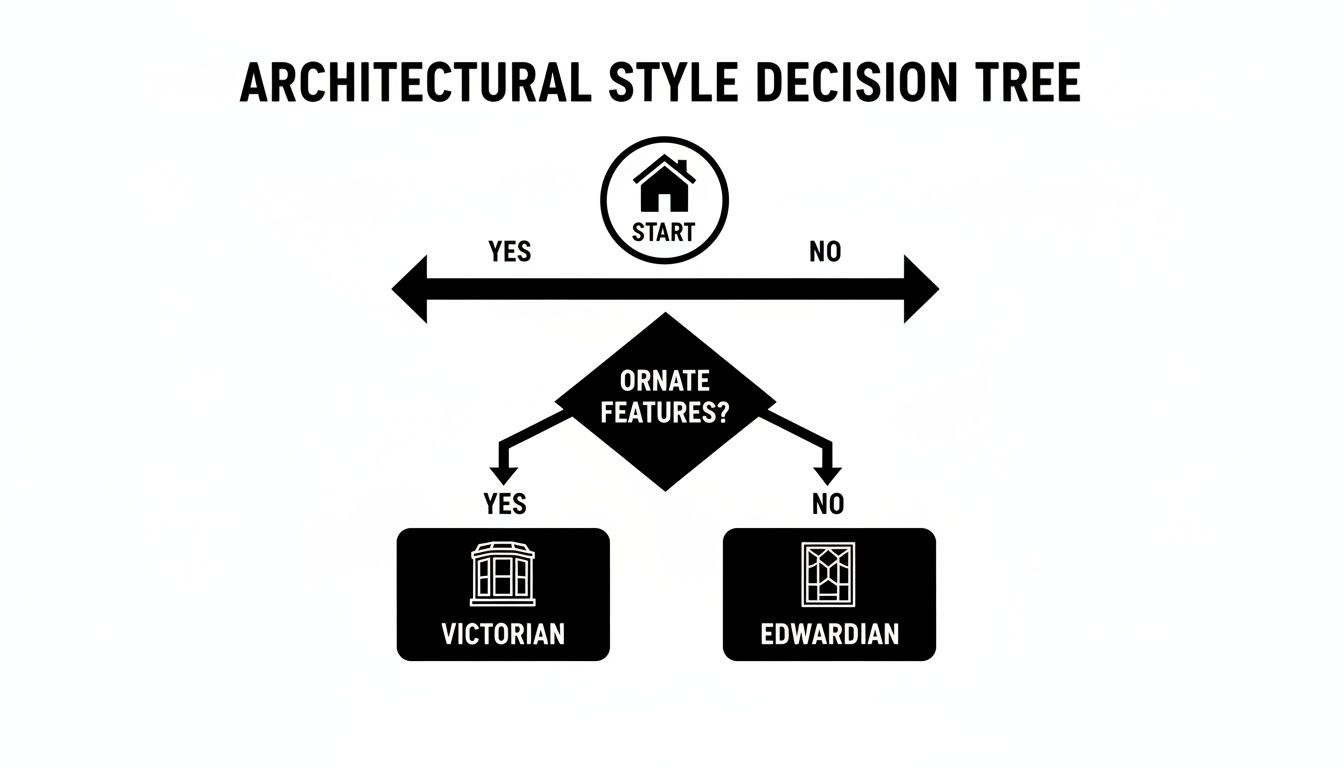 A flowchart showing how to identify architectural styles: Victorian for ornate features, Edwardian for no ornate features.