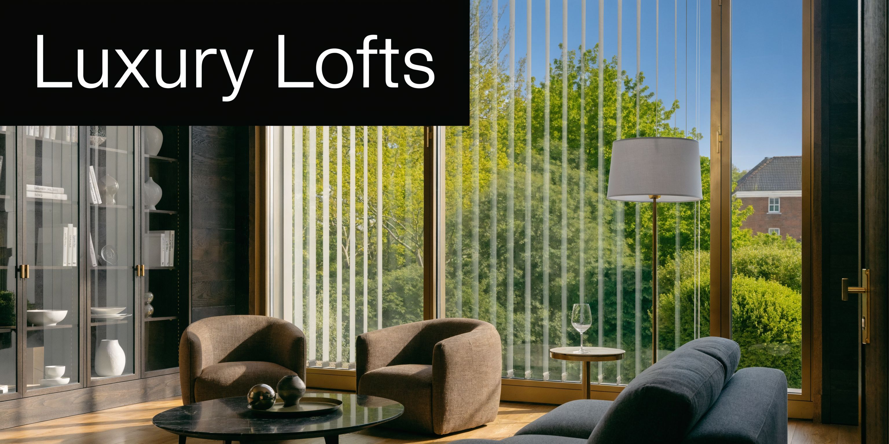 A sophisticated modern living space featuring luxury armchairs, a marble coffee table, and large floor-to-ceiling windows.