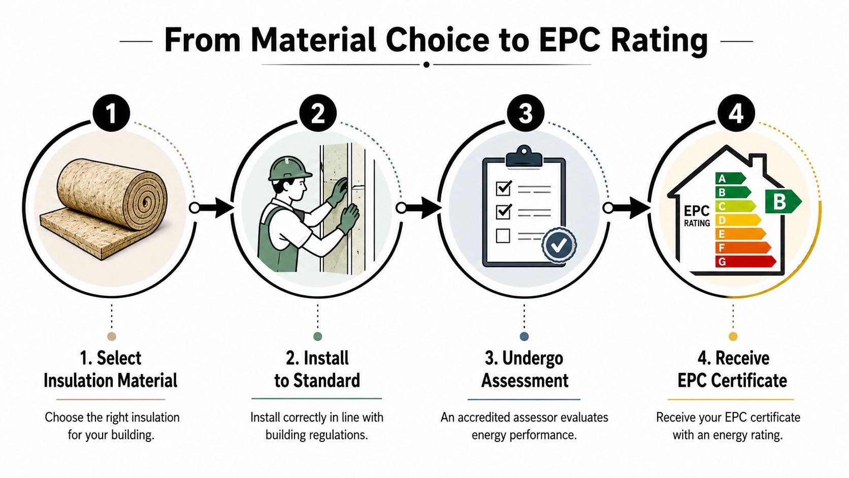 An infographic showing the four steps from selecting insulation material to receiving an energy performance certificate rating.