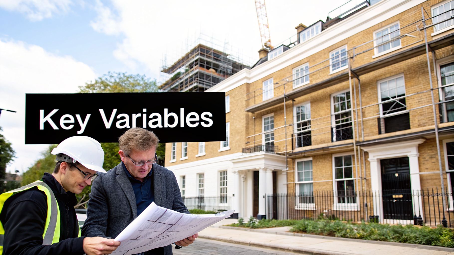 Two construction professionals review blueprints at a building site with a 'Key Variables' sign.