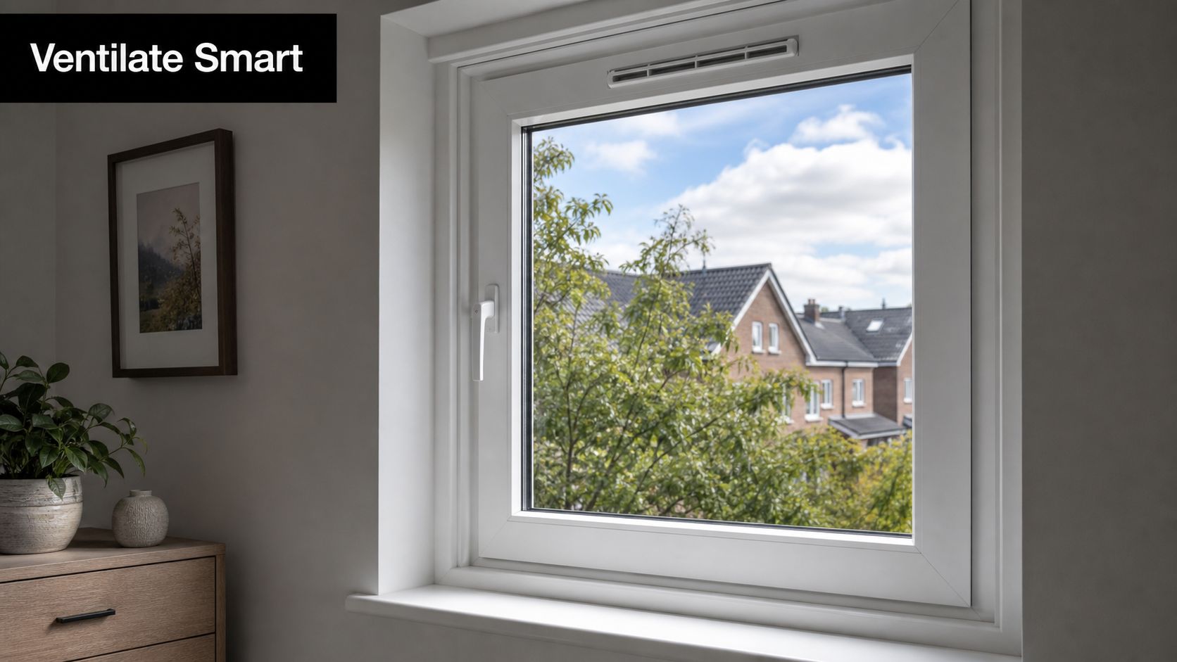 A bright room featuring a white window with a smart ventilation vent installed above the glass pane.