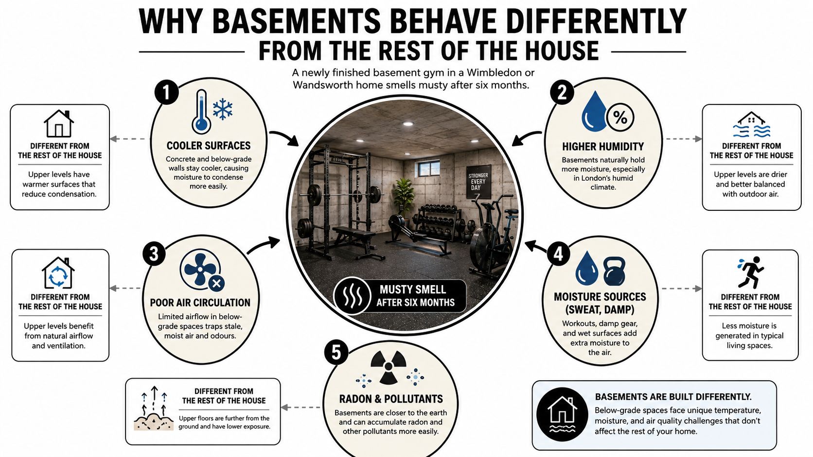 An infographic showing five reasons why basements develop musty smells and require different ventilation and care.