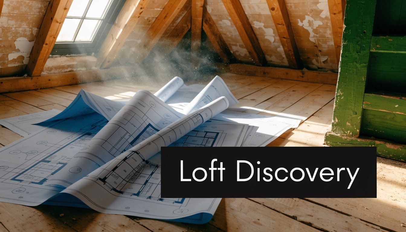 Architectural blueprints spread across the wooden floor of a dusty, sunlit loft space under roof rafters.