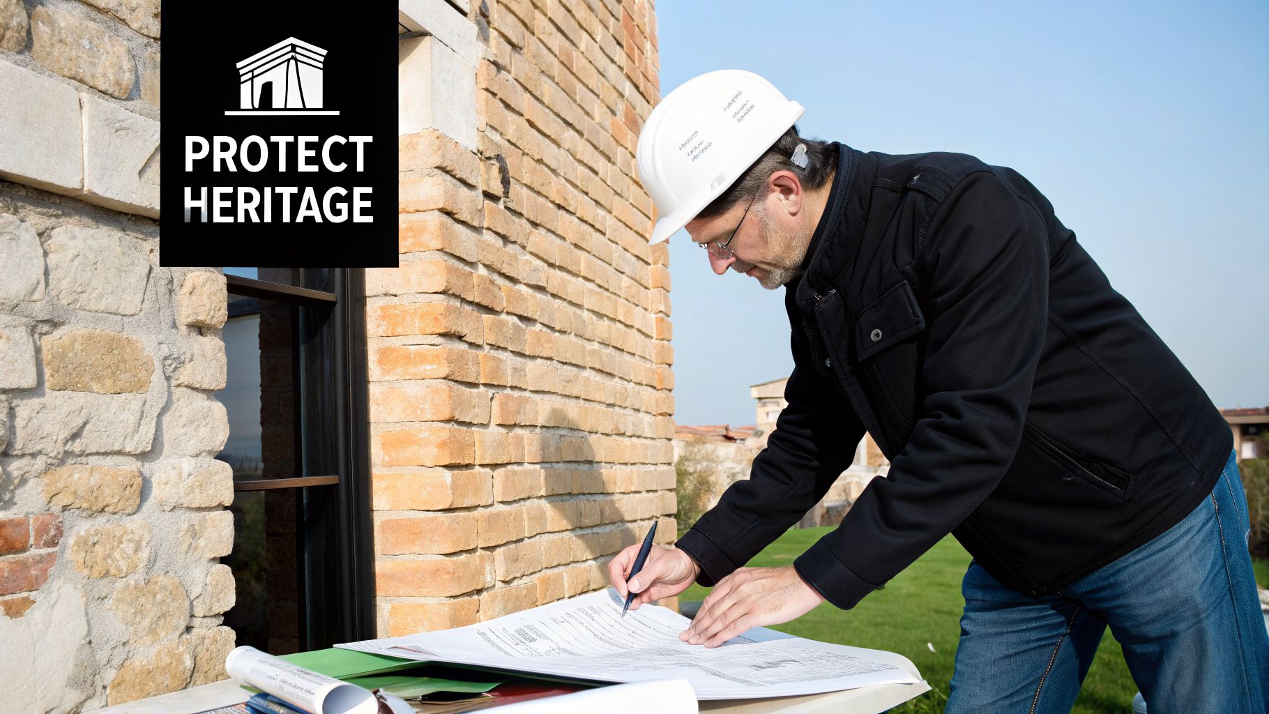 A man in a hard hat and glasses reviews architectural plans for a heritage building renovation.