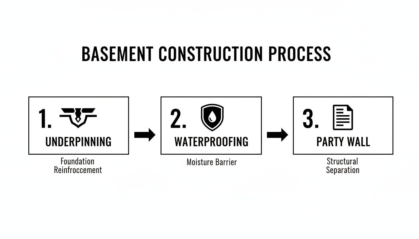 Flowchart illustrating the three key steps in basement construction: underpinning, waterproofing, and party wall installation.