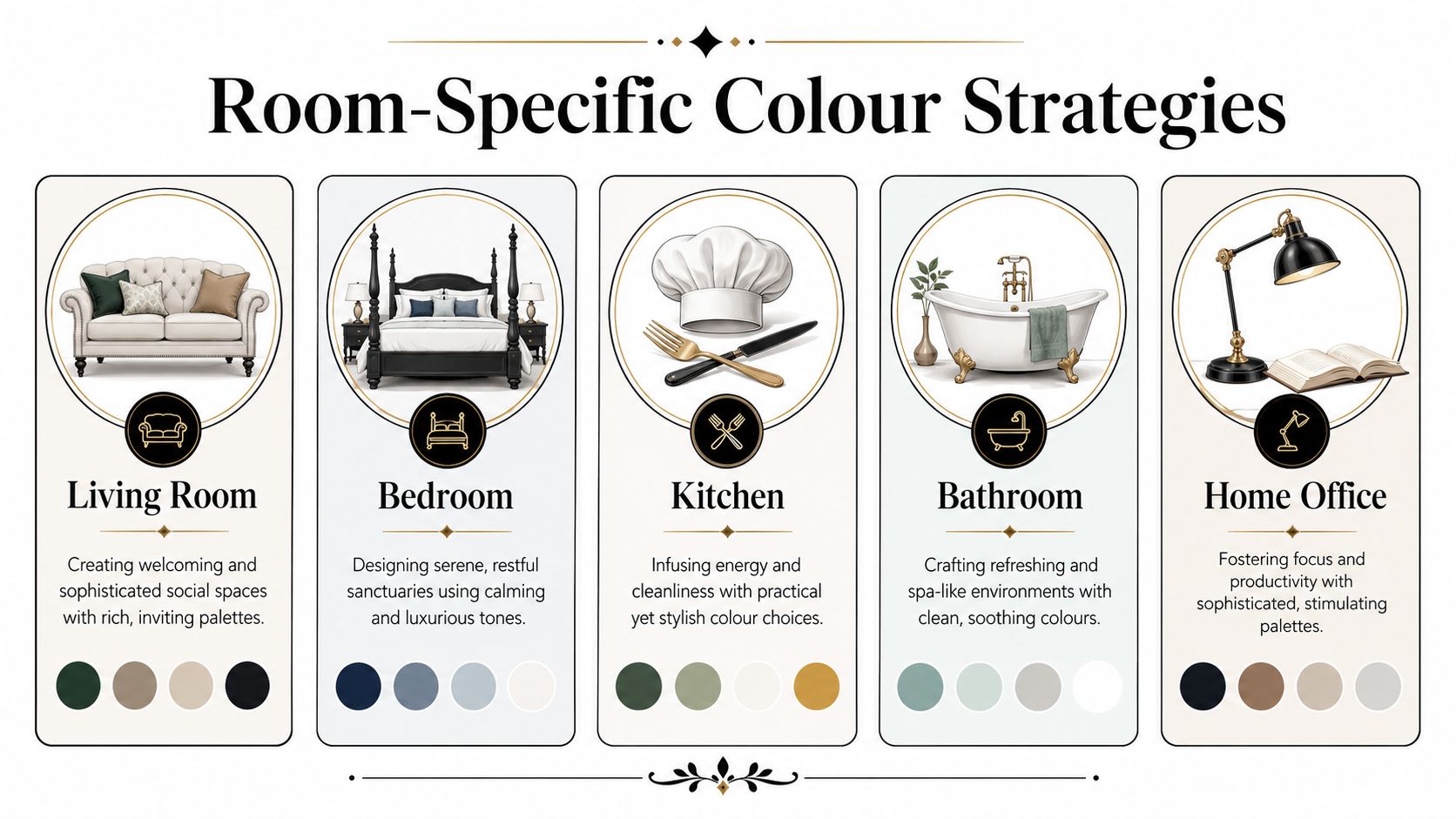 An infographic titled Room-Specific Colour Strategies showcasing recommended color palettes for living rooms, bedrooms, kitchens, bathrooms, and home offices.