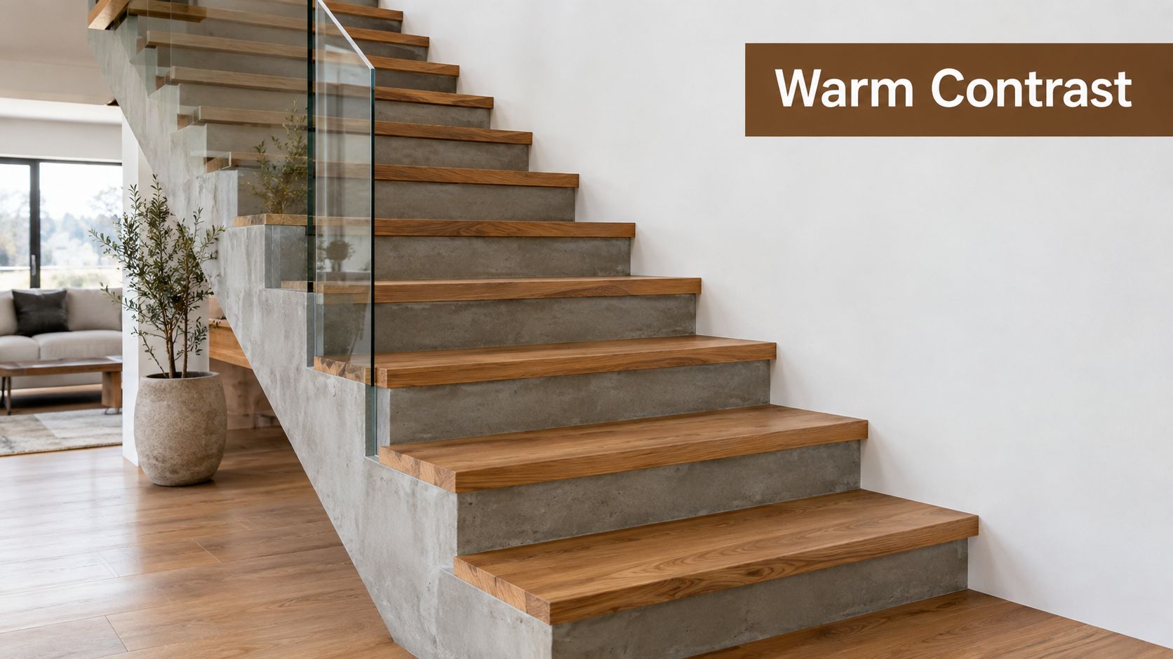 A modern staircase featuring floating wooden treads over concrete risers with a glass railing in a bright home.