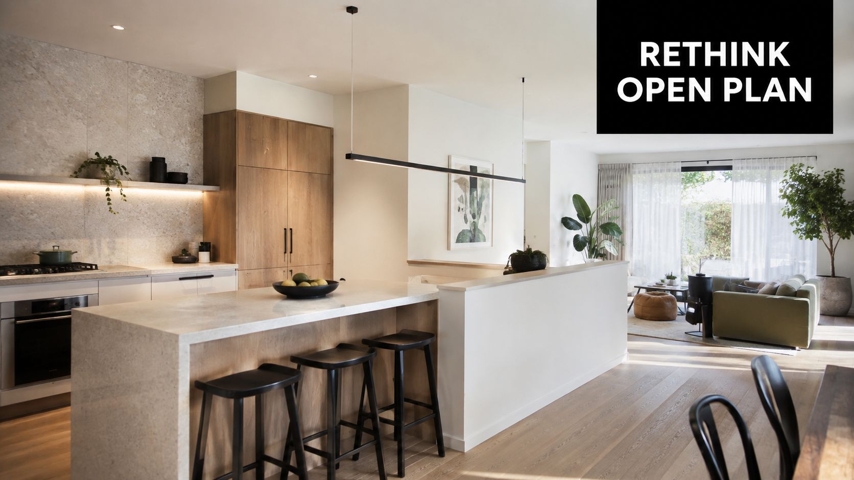 A modern open plan kitchen with wooden cabinetry, a stone island, and bar stools next to living area.