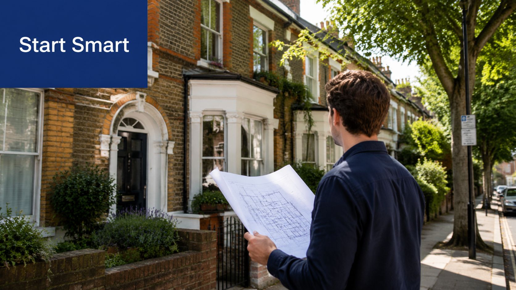 A man wearing a navy shirt reviews architectural blueprints while standing in front of a London townhouse.