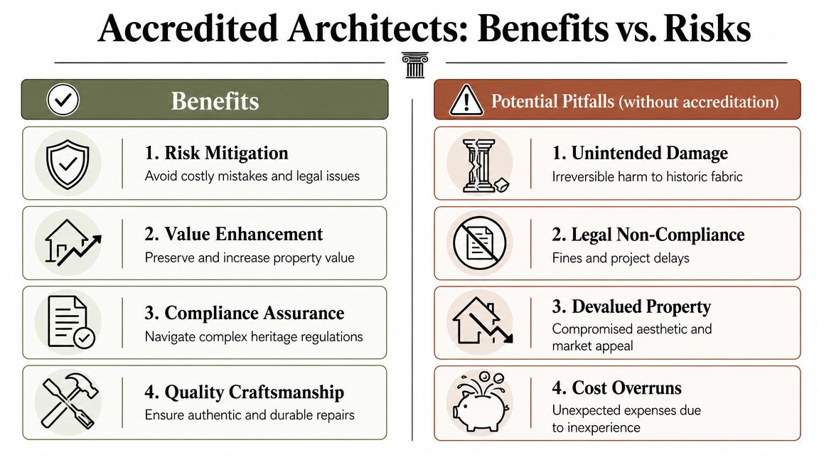 A comparison chart outlining the benefits of hiring accredited architects versus the risks of working without them.