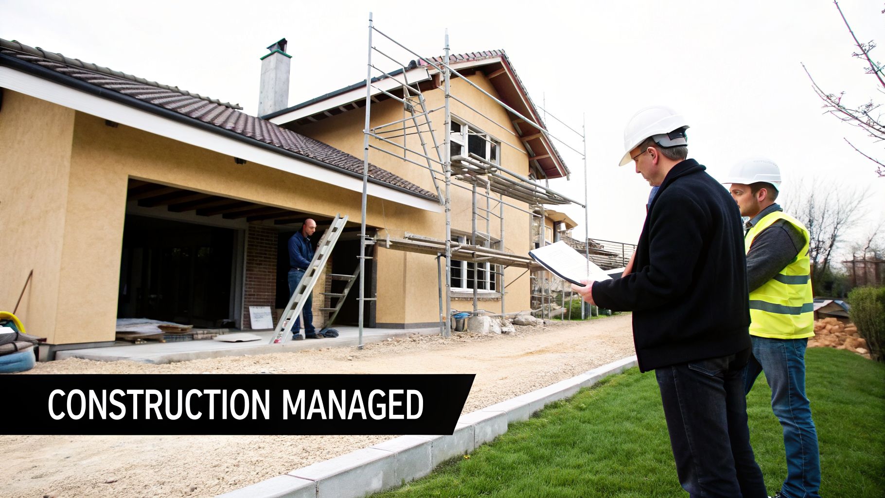 Construction managers review plans at a new home building site, with a worker on a ladder.