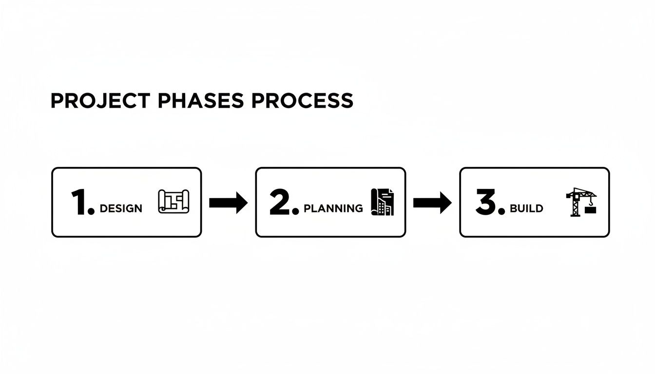Illustration showing project phases process: 1. Design, 2. Planning, 3. Build with icons.