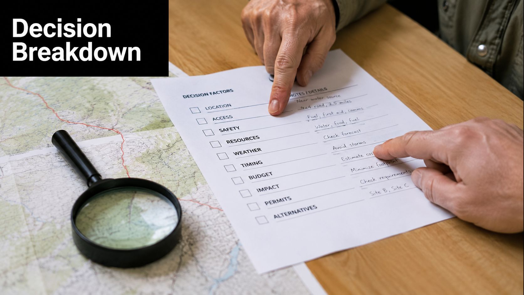 Hands pointing at a checklist titled Decision Factors on a map with a magnifying glass.