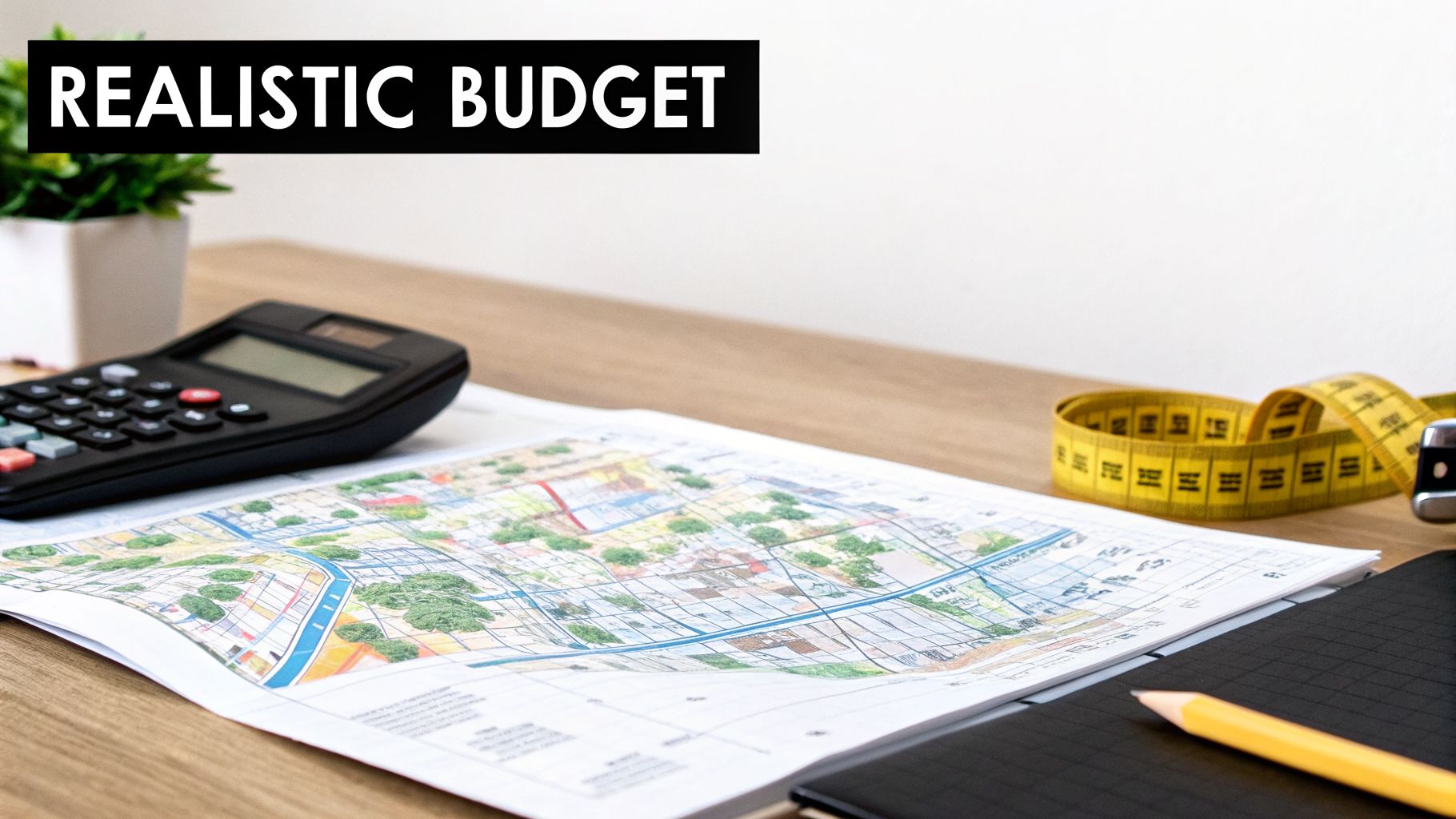 Desk with calculator, map, measuring tape, and notebook. Text 'REALISTIC BUDGET' for project planning.