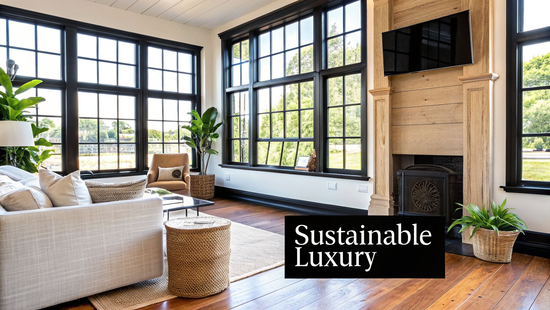 A bright, modern living room with large black-framed windows, a fireplace, plants, and a light sofa, embodying sustainable luxury.