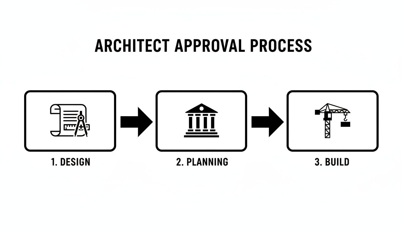 Architect approval process diagram showing three steps: design, planning, and build, with corresponding icons.