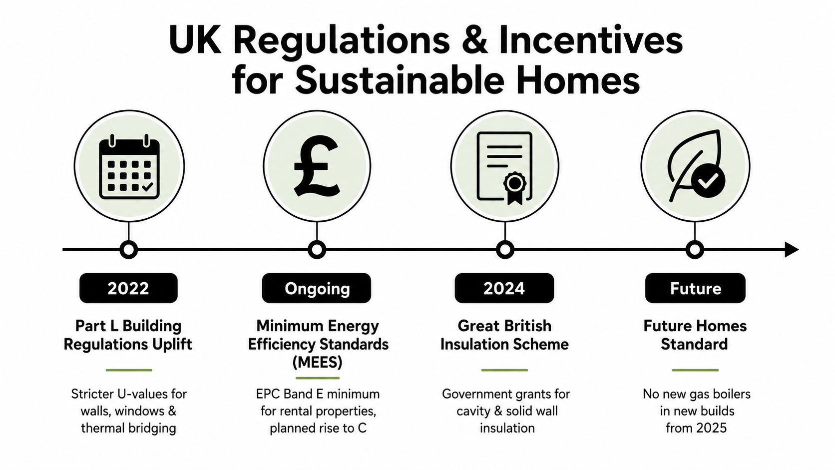 A timeline graphic showing UK regulations and incentives for sustainable homes including MEES and building standards.