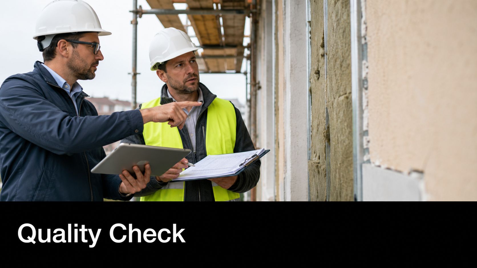 Two engineers in hard hats checking construction insulation quality with a tablet and clipboard at a site.