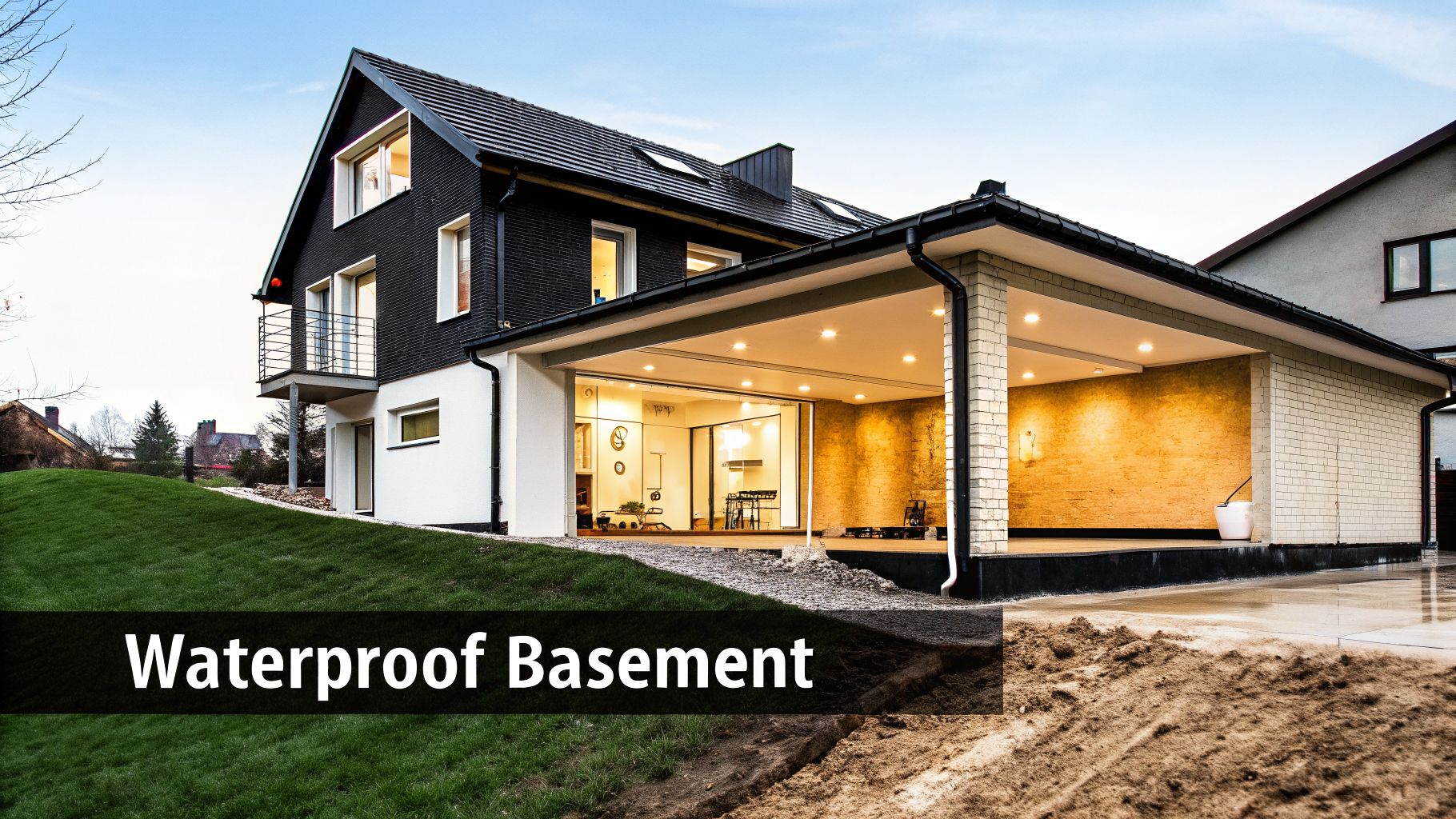 A modern black and white house features a large outdoor patio and a prominent "Waterproof Basement" text overlay.