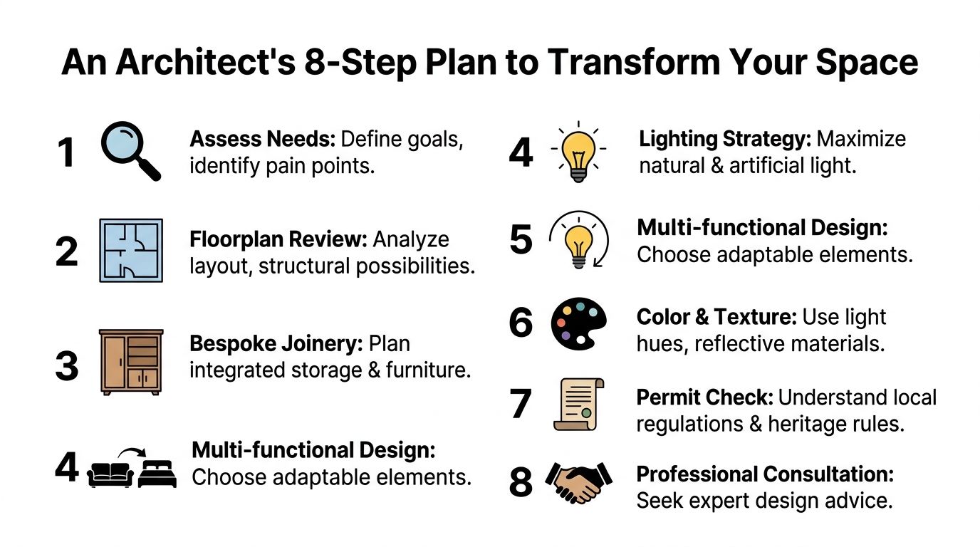 An infographic titled An Architect's 8-Step Plan to Transform Your Space with icon-led design tips.
