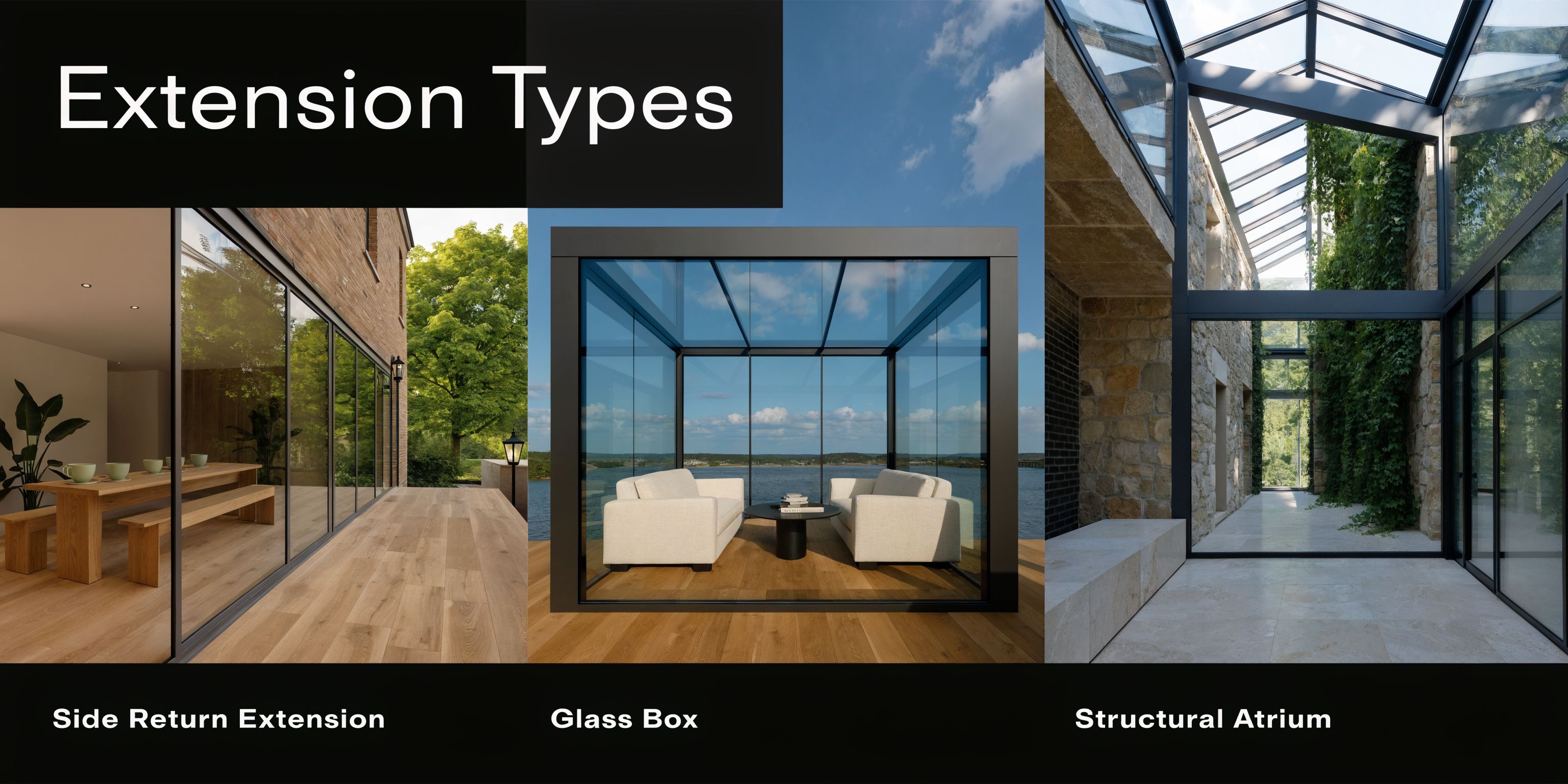 A collage showing three different types of glass roof extensions including a side return, glass box, and atrium.