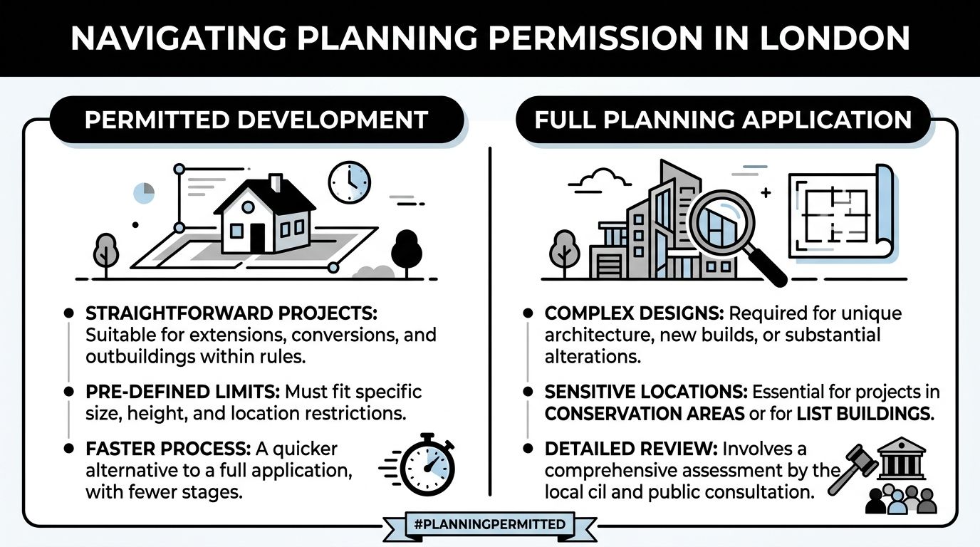 An infographic comparing Permitted Development and Full Planning Application processes for property projects in London.