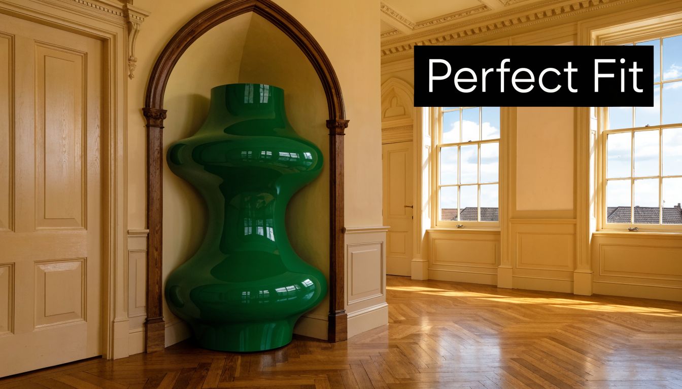 A glossy green contemporary sculptural vase placed perfectly inside a traditional arched alcove in a classic room.
