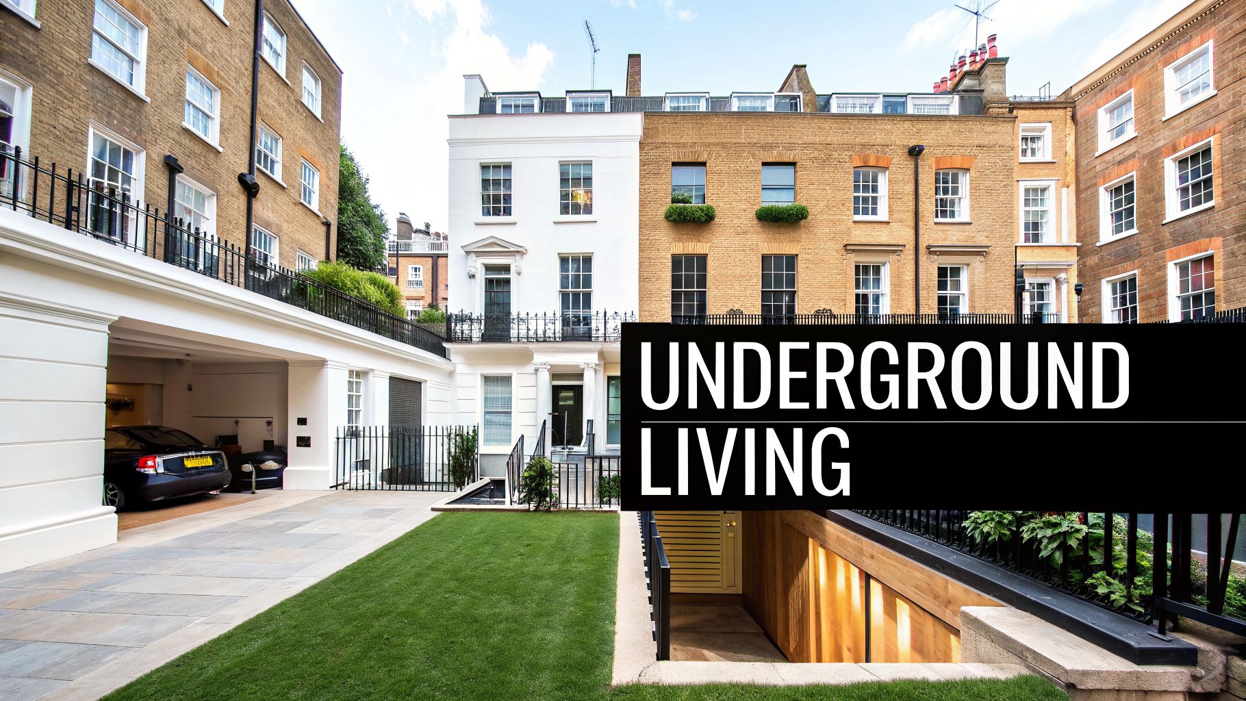 A street view of London townhouses with an underground garage and a modern basement entrance.
